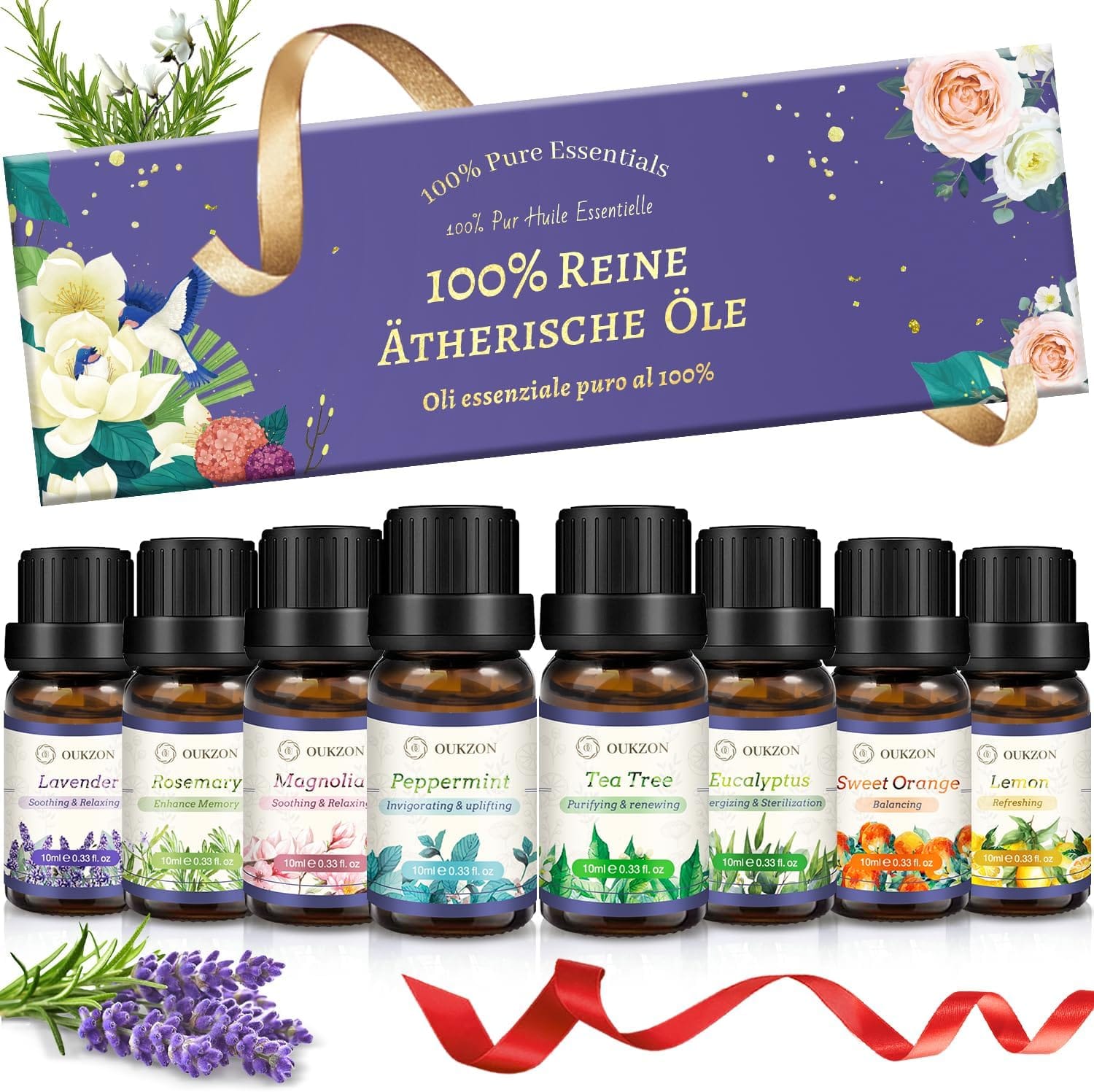 Æteriske olier sæt – 8 x 10 ml naturlige olier til aromaterapi, diffuser og velvære